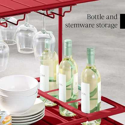 Best Choice Products Rolling Bar Cart, Mobile Home Bar Serving Cart, Serving Station w/ 2 Tier Shelves, Wine Rack, Lockable Wheels - Red