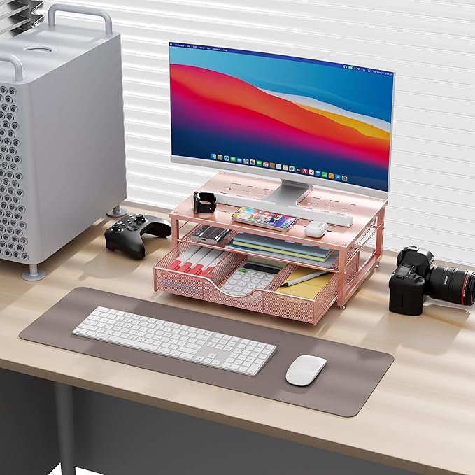 gianotter Computer Monitor Stand Riser, office organizer with Drawer, Office Organizers Storage for Classroom Office Supplies (Rose)