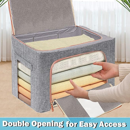 SWEERI Large Capacity Clothes Storage Bags,Stackable Storage Organizer with Foldable Metal Frame, 2-Way Zipper, Handles, Clear Window for Clothes, Bedding, Seasonal Storage (3Pack, 66L)
