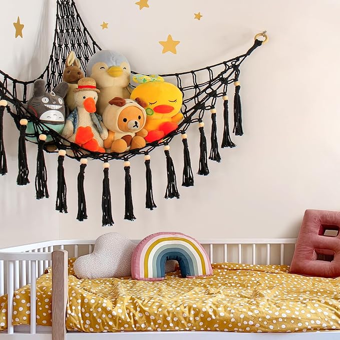 Stuffed Animal Toy Storage Hammock with LED Light - Macrame Jumbo Doll Corner Stuff Animals Organizer Decorations - Cute Hanging Plushie Net Kids Baby Nursery Bedroom Room Decor