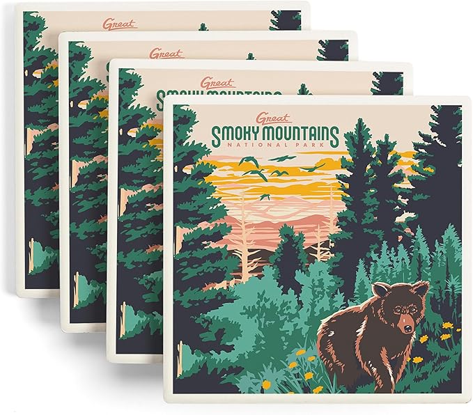 Lantern Press Great Smoky Mountains National Park, Explorer Series (Absorbent Ceramic Coasters Set of 4 Matching Images, Cork Back, Kitchen Table Decor)