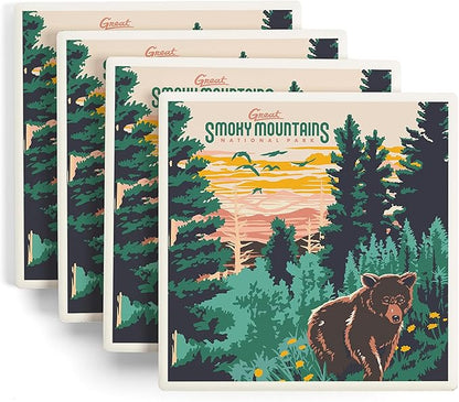 Lantern Press Great Smoky Mountains National Park, Explorer Series (Absorbent Ceramic Coasters Set of 4 Matching Images, Cork Back, Kitchen Table Decor)