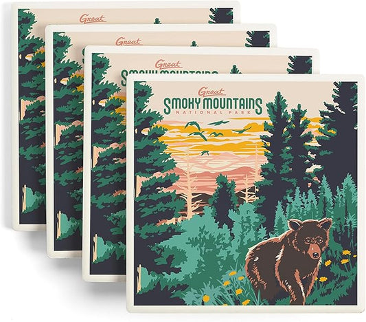 Lantern Press Great Smoky Mountains National Park, Explorer Series (Absorbent Ceramic Coasters Set of 4 Matching Images, Cork Back, Kitchen Table Decor)