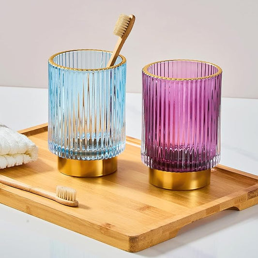 LEICURACE Makeup Brush Holder Organizer,Toothbrush Holders,Desk Pen Pencil Holder,Multifunctional Vintage Glass Brush Cup（L/Blue/A3-8-US）