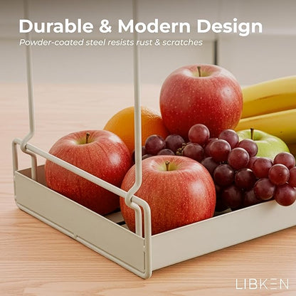 2-Tier Fruit Basket for Kitchen Counter – Gray Powder Coated Metal Fruit Stand – Minimal Scandinavian Design Countertop Organizer for Fruits, Vegetables, Bread, Snacks – Sturdy & Easy Assembly