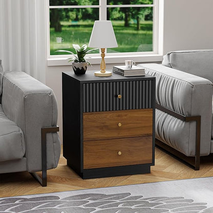 23.6" Tall Night Stand with 3 Storage Drawers, Fluted Nightstand with Metal Handles, Modern End Table Bedside Table Chest for Bedroom, Black and Walnut