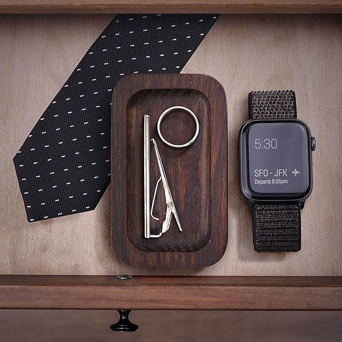 Prazoli Men's Ring Holder - Wooden Ring Dish & Tray for Nightstand for Him, Small Trinket Dish