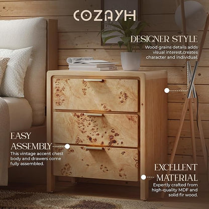 Burl Finish 3 Drawer Nightstand, Wood Rustic Farmhouse Dresser, Vintage Accent Storage Bedside Table for Bedroom Entryway, Fully Assembled, Natural