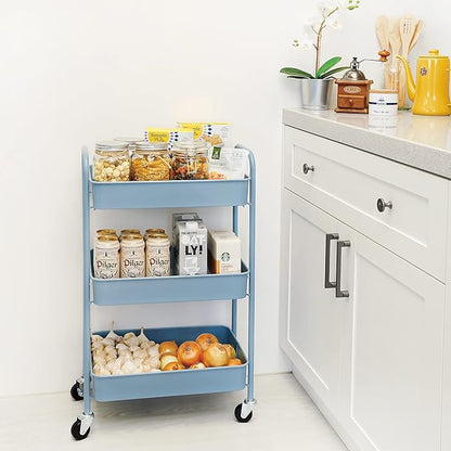 CAXXA 3-Tier Rolling Metal Storage Organizer - Mobile Utility Cart with Caster Wheels, Blue