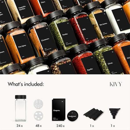 KIVY Drawer Spice Organizer + 24 Jars & 240 Labels - Seasoning Rack for Organization - Kitchen Drawer Insert for Spice Jars - Glass Seasoning Jars with Airtight Lids - Glass Spice Jars with Label