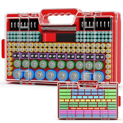 Battery Organizer Storage Holder Box Case with Tester, Ultra-Large 280+ Batteries Double-Sided Variety Pack,Holds AA AAA 4A C D Cell 9V 3V Lithium18650 LR44 CR2 CR123 CR1632 - Red
