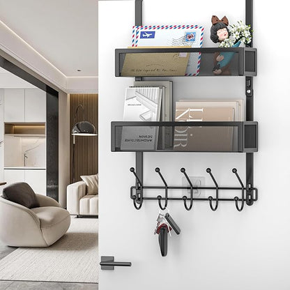 Aimeaihe Adjustable Over The Door Hooks Organizer, Door Hanger Coat Rack with 2 Mesh Baskets and 10 Hooks, Back of Door Storage Organizer for Bedroom,Bathroom,Kitchen (Black)