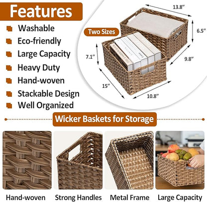 Wicker Baskets 2 Pack, Wicker Storage Basket with Handles, Waterproof Woven Baskets for Organizing, Large Storage Basket 15" and Medium 14", Brown