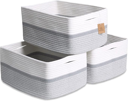 NaturalCozy Storage Baskets 16.8”x13”x7.6” Cotton Rope Woven Baskets for Organizing 3-Pack | Toy Storage Bins | Basket for Shelves, Laundry, Blanket, Clothes, Closet, Kitchen, Bathroom, Gifts