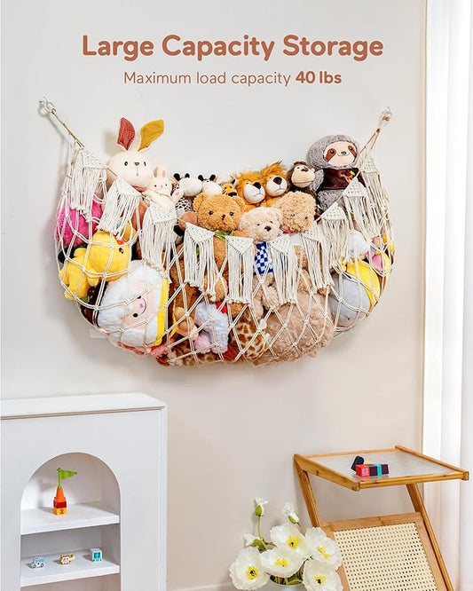 Stuffed Animal Hammock Net with Lights - Big Wall Hanging Stuffed Animal Storage for Plushies and Teddy Bears,Boho Macrame Toy Hammock Organizer Holder for Kids Boys Bedrooms Playroom Nursery （White）