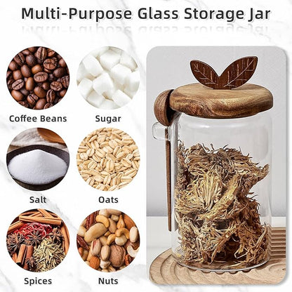 Koythin Food Storage Containers with Wooden Lids and Scoops, Glass Jars with Airtight Lids, Bath Salt Container with Scoop, Kitchen Canisters for Coffee, Tea, Sugar, Spice (Smooth, 13.5 oz)