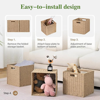 Woven Wicker Storage Baskets 4-Pack, 11x11 Handwoven Paper Rope Organizer Bins, Foldable Cube Storage Cubes with Built-in Handles for Shelves and Closet Organization(Natural Beige)