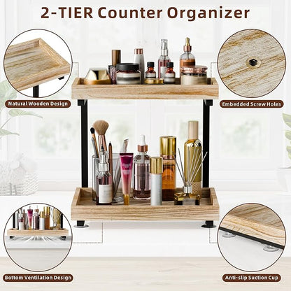 2-Tier Bathroom Counter Organizer with Suction Cups - Non-Slip Vanity Countertop Organizers for Makeup, Perfume & Skincare, Wooden Counter Storage Shelf for Bathroom, Sink, Kitchen