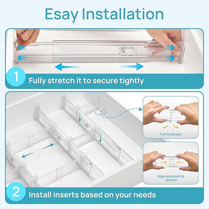 Vtopmart 2.36” Drawer Dividers with Expandable Inserts, 12.8"-22.3" Adjustable Kitchen Drawer Organizer, Clear Plastic Organizer Separator for Flatware, Utensil, Cutlery, 4 Dividers with 6 Inserts