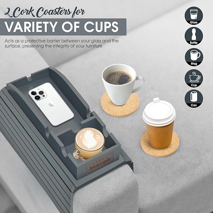 Couch Cup Holder Tray with 2 Cork Coasters, Couch Caddy, Anti-Slip Foldable Armrest Sofa Tray, Couch Armrest Table, Anti-Spill Holder for Remote, Snacks, Cellphone - Ideal Gift (Grey)