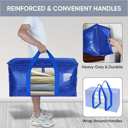 BALEINE 2-Pack Oversized Moving Bags with Reinforced Handles, Heavy-Duty Storage Tote Moving Supplies for Packaging, Camping (Blue w/Window, 2-Pack)
