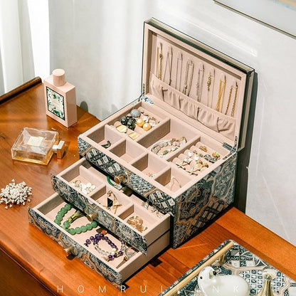 Homruilink High End Glass Jewelry Box - 3 Layer Jewelry Organizer - Velvet-Lined Case For Ring, Necklace, Earring, Bracelet Storage - Black Gold Floral - Christmas Gifts For Women