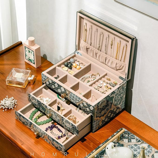 Homruilink High End Glass Jewelry Box - 3 Layer Jewelry Organizer - Velvet-Lined Case For Ring, Necklace, Earring, Bracelet Storage - Black Gold Floral - Christmas Gifts For Women