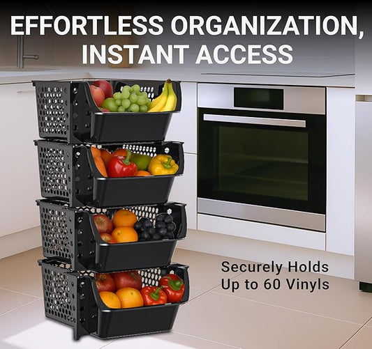 Skywin TidyFriend Stackable Storage Bins for Pantry, 4 Pack Stackable Bins for Organizing Snacks, Toiletries, and Small Essentials (Black)