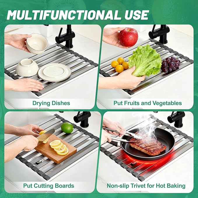Hobychild 16.5" X 13" Roll Up Dish Drying Rack，Over The Sink Drying Rack 304 Stainless Steel Foldable Heat-Resistant Dishes Drainer for Kitchen and RV Sink Counter
