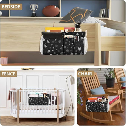 CuwrYet Bedside Caddy Hanging Bunk Bed Caddy Bed Organizer Hanging Pocket with 2 Hooks Bedside Storage Organizer Pocket Bag Holder Silver Stars Black