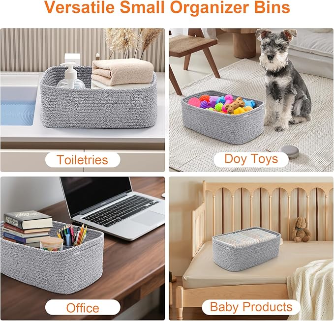 Small Storage Baskets for Organizing, Woven Storage Bins for Shelves, Gift Basket Empty, Cute Decorative Closet Organizer, Baby Rope Basket, Dog Toy Storage, 12.6x8.2x5”, 3Packs Mixed Gray