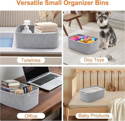 Small Storage Baskets for Organizing, Woven Storage Bins for Shelves, Gift Basket Empty, Cute Decorative Closet Organizer, Baby Rope Basket, Dog Toy Storage, 12.6x8.2x5”, 3Packs Mixed Gray