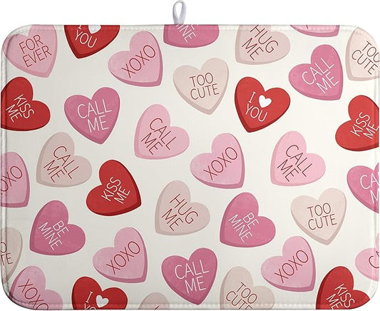 Wnoesat Valentine Love Heart Dish Drying Mat for Kitchen Counter 18x24 Inch Valentines Day Dish Mats Absorbent Microfiber Dish Draining Mat Reversible Dish Drying Rack Mat with Hanging Loop