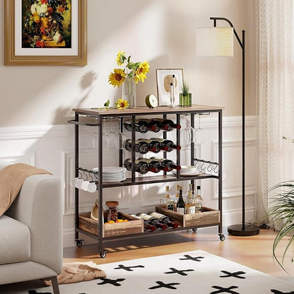 Giantex Bar Cart, 3 Tier Home Serving Cart on Wheels, Glass Racks, 12 Wine Holders, 8 Hooks & Storage Boxes, Industrial Rolling Beverage Cart for Coffee Bar, Kitchen, Dining Room