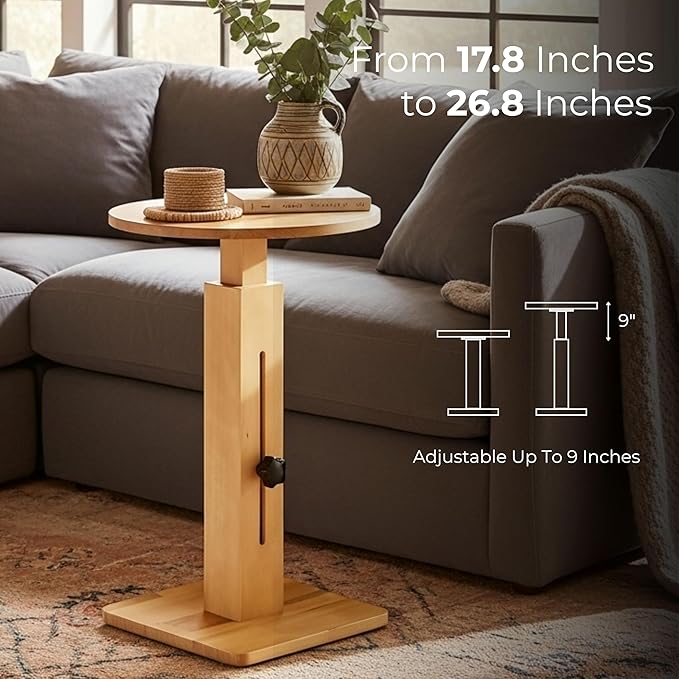 Behomes Aurin Solid Wood Nightstand, Modern Side Table with Adjustable Height, Round End Table, Accent Bedside Table for Bedroom, Living Room, Round Top, Natural