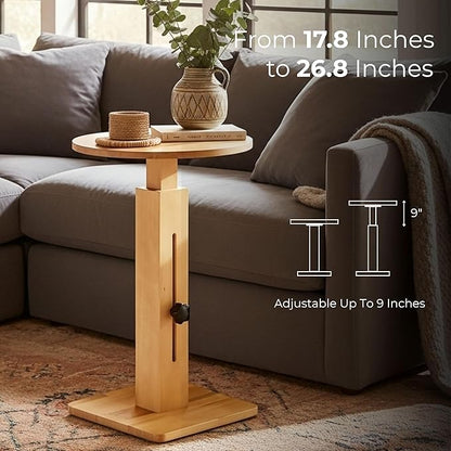 Behomes Aurin Solid Wood Nightstand, Modern Side Table with Adjustable Height, Round End Table, Accent Bedside Table for Bedroom, Living Room, Round Top, Natural