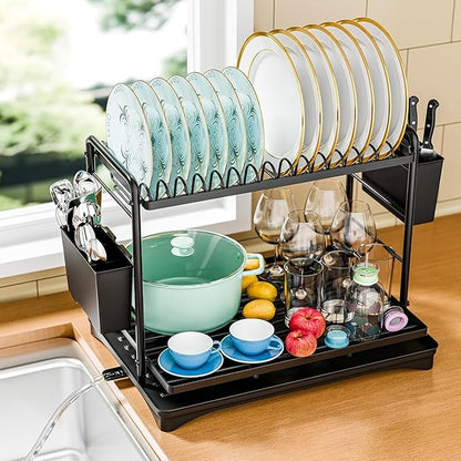 2-Tier Dish Drying Rack for Kitchen Counter - Space-Saving Dish Drainer with Extendable Drainboard, Removable Cutlery Holder, Cup & Knife Slots, Multifunctional Plate & Bowl Organizer (Black)