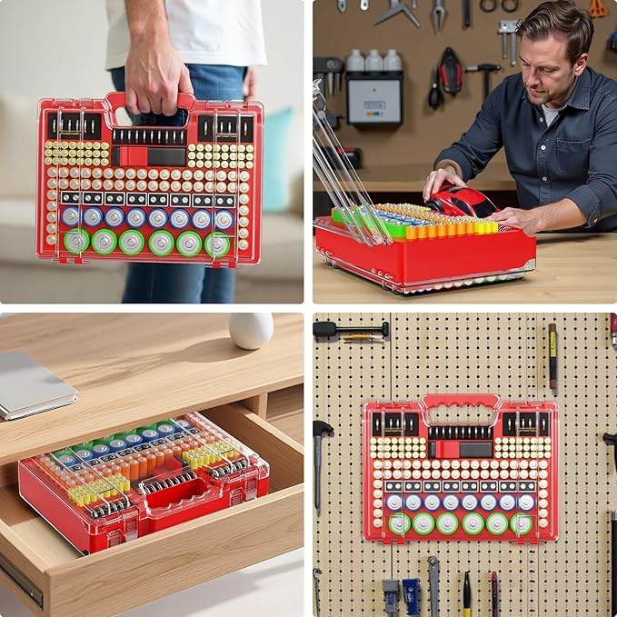 Battery Organizer Storage Holder Box Case with Tester, Stores & Protects Up to 260 Batteries, Double-Sided, Clear Locking Lid, Secure Latches & Portable Carrying Handle - Red (Batteries Not Included)