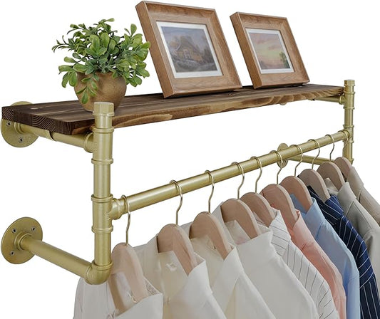 WEBI Wall Mounted Clothes Rack with Shelf,41.3" Industrial Pipe Clothing Rack with Shelf with Hanging Rod,Heavy Duty Iron Garment Rack Bar,Retail Display Clothes Rod for Laundry Room,Closet,Gold