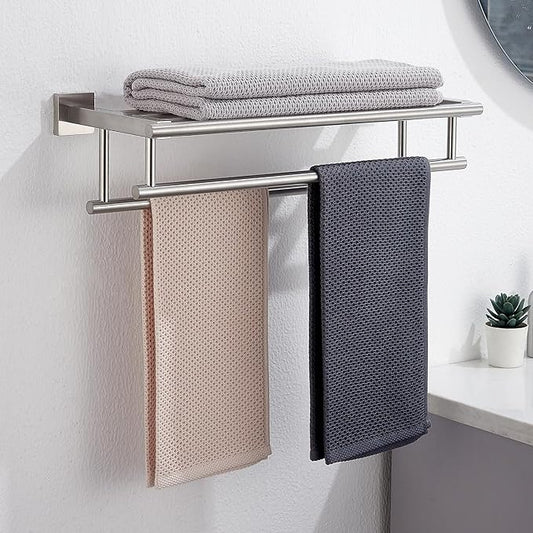Towel Rack for Bathroom 20 Inch Wall Mounted Towel Rack Brushed Nickel Towel Shelf with Double Towel Bar SUS304 Stainless Steel Towel Holder for Bathroom Wall Hotel Towel Rail