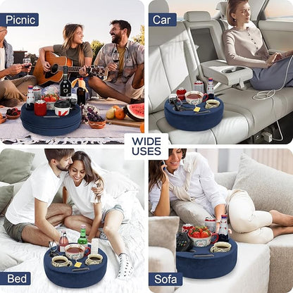 Couch Cup Holder Pillow - Cup Glass Cozy Pillow | Couch Caddy Sofa Bed Buddy Holds Drinks, Snacks, Remote, Phones, Tablet. Keep Drinks Stand and Prevent Spills for Car, Park, Beach, Picnic.(Navy)