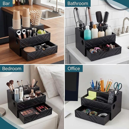 AceOrbit Hair Tool Organizer with Drawer, Hair and Makeup Bathroom Vanity Organizers and Storage Fits Blow Dryer, Curling Iron, Makeup Brushes, Skincare, Hot Tools Organizer for Tidy Counter(Black)