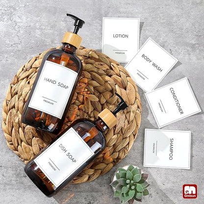 GMISUN Amber Glass Soap Dispenser, 2 Pack Bathroom Hand Soap Dispensers with Bamboo Pump, 17 Fl Oz Kitchen Hand and Dish Soap Dispenser Set, Modern Vintage Liquid Brown Soap Dispensers Bottle
