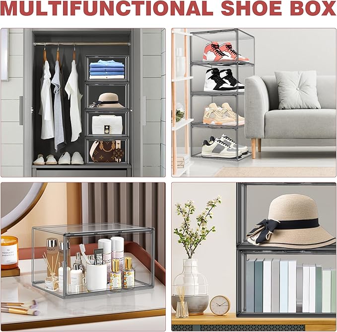 EDS FAM 10 Pack Large Clear Shoe Box Shoe Storage Organizer with Magnetic Door Stackable Shoe Containers for Sneakers, High Heels, Sport Shoes, Size 13