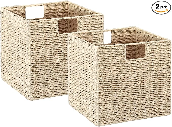 Vagusicc Wicker Storage Basket, Set of 2 Hand-Woven Storage Baskets for Shelves with Handles, Foldable Cube Storage Baskets Bins Organizer, 9 inch Wicker Baskets for Pantry Bedroom Decor, Beige