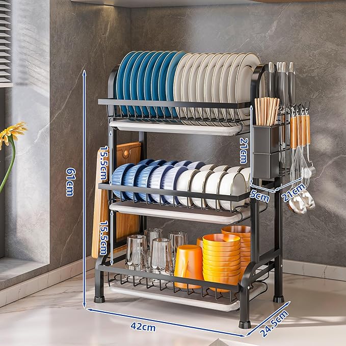 HOISIMDY Dish Drying Rack 3 Tier Large Capacity Kitchen Dish Draining Rack Countertop Cultery Drainer with Drip Tray
