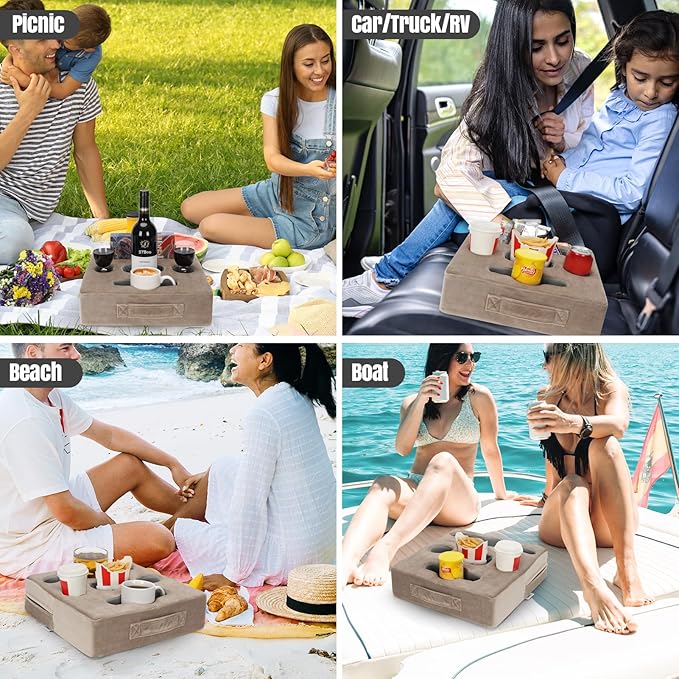 STBoo Couch Cup Holder Pillow Tray - Sofa Drink Cup Holder Cozy Buddy | Bed Caddy Organizer for Remote, Snacks Beverage, Phones, Tablet | Use it on Car, Pack, Beach, RV, Boat, Bedroom (Light Brown)