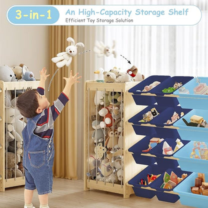 Large Toy Storage Organizer, Wooden Stuffed Animal Storage & 12-Bins Toy Organizer, Double-Sided Plush Toy Holder Featuring Thicker Ropes, Space Save Playroom Nursery Bedroom Storage, Blue