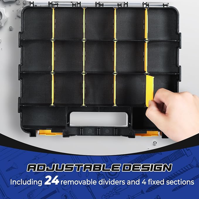 NATGAI 2 Pack Small Parts Organizers, 34-Compartments Double-Sided Tool Box with Removable Dividers for Hardware, Screws, Bolts, Nails & Fishing Accessories, Durable Plastic Storage Case (Yellow)