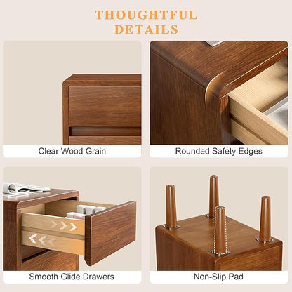 Nightstand with 3 Drawers Narrow Night Stand Solid Wood Bedside Table Mid Century Modern Nightstand Wooden End Table for Bedroom, Living Room, Study, Office